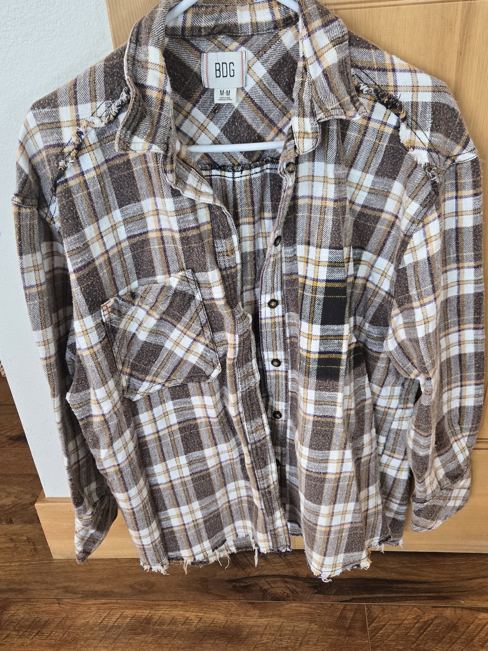 Urban Outfitters BDG Andy Distressed Flannel In Brown and Cream